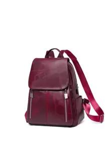 Minimalist Zipper Flap Backpack for Women, Rookies & White-collar Workers - Burgundy - View 3
