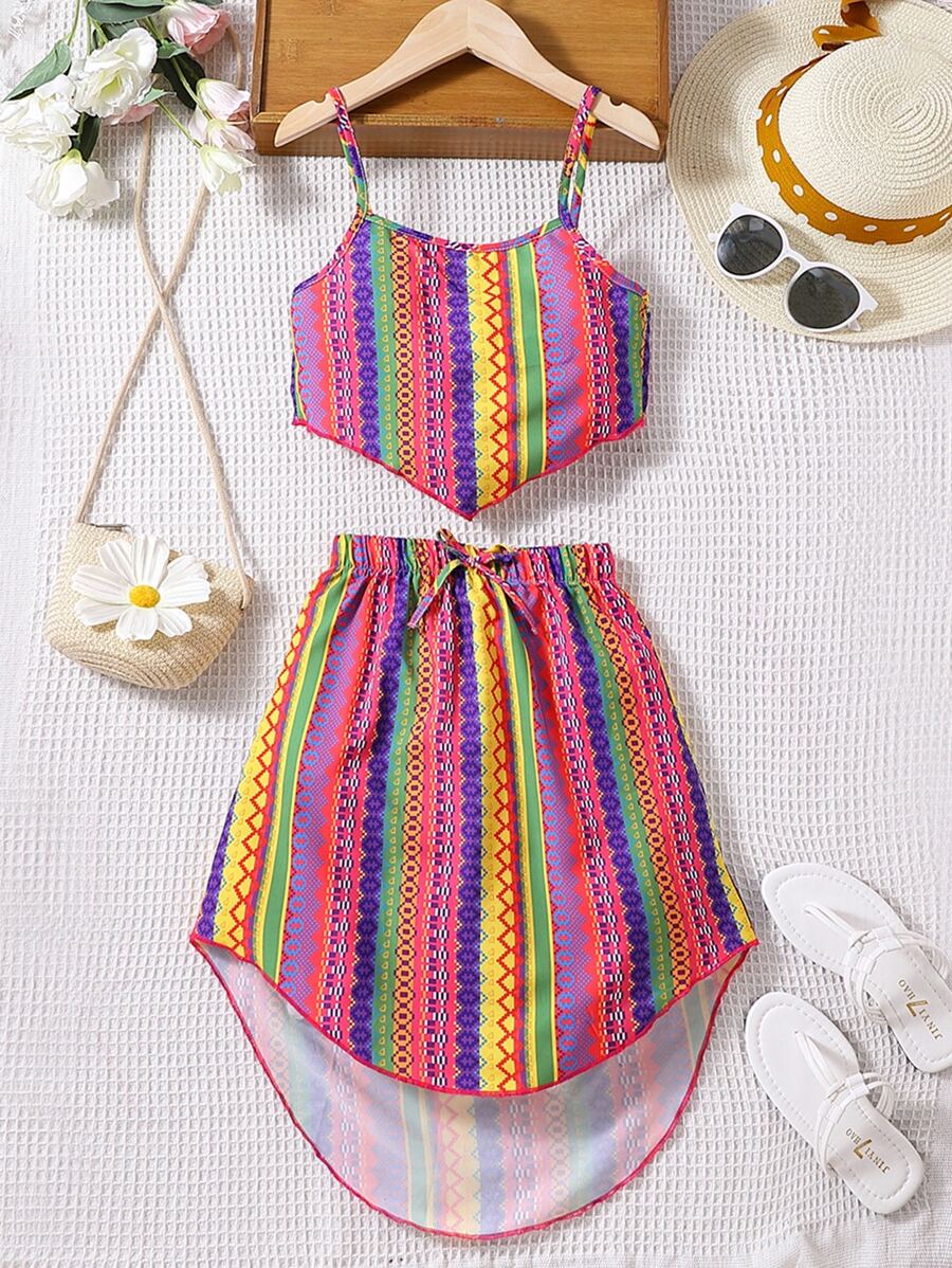 SHEIN Girls Geo Print Hanky Hem Cami Top & High Low Hem Skirt - Multicolor - View 1