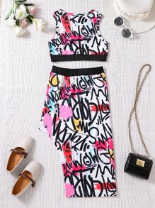 SHEIN 青少女字母圖形背心與不對稱下擺裙子