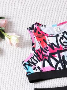 SHEIN 青少女字母圖形背心與不對稱下擺裙子