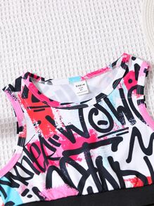 SHEIN 青少女字母圖形背心與不對稱下擺裙子