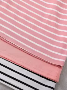 SHEIN Vintaside Kids Young Girl 3pcs Striped Print Tee, School, Campus, College - Multicolor - View 3