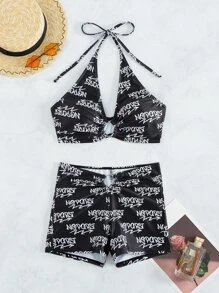 Letter Graphic Ring Linked Halter Summer Beach Bikini Set - Black and White - View 7