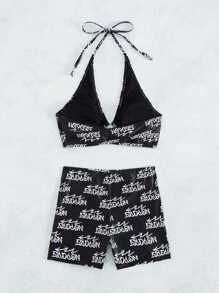 Letter Graphic Ring Linked Halter Summer Beach Bikini Set - Black and White - View 4