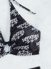Letter Graphic Ring Linked Halter Summer Beach Bikini Set - Black and White - View 3