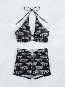 Letter Graphic Ring Linked Halter Summer Beach Bikini Set - Black and White - View 6