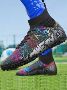 Slogan Graphic Lace Up Design Slip-On Soccer Shoes - Black - View 2