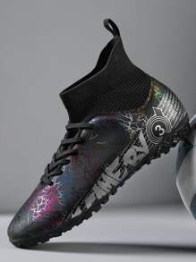 Slogan Graphic Lace Up Design Slip-On Soccer Shoes - Black - View 1