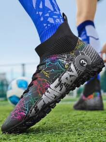 Slogan Graphic Lace Up Design Slip-On Soccer Shoes - Black - View 4