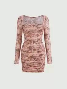 SHEIN MOD Floral Print Ruched Bodycon Dress - Multicolor - View 2