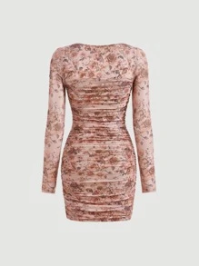 SHEIN MOD Floral Print Ruched Bodycon Dress - Multicolor - View 5