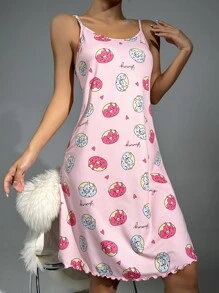 Donut & Letter Graphic Lettuce Trim Cami Nightdress - Baby Pink - View 4