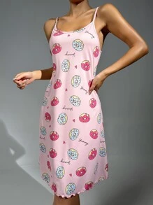 Donut & Letter Graphic Lettuce Trim Cami Nightdress - Baby Pink - View 5