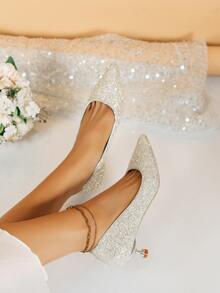 Glitter Point Toe Kitten Heeled Court Pumps - Silver - View 4