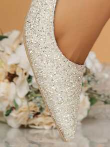 Glitter Point Toe Kitten Heeled Court Pumps - Silver - View 5