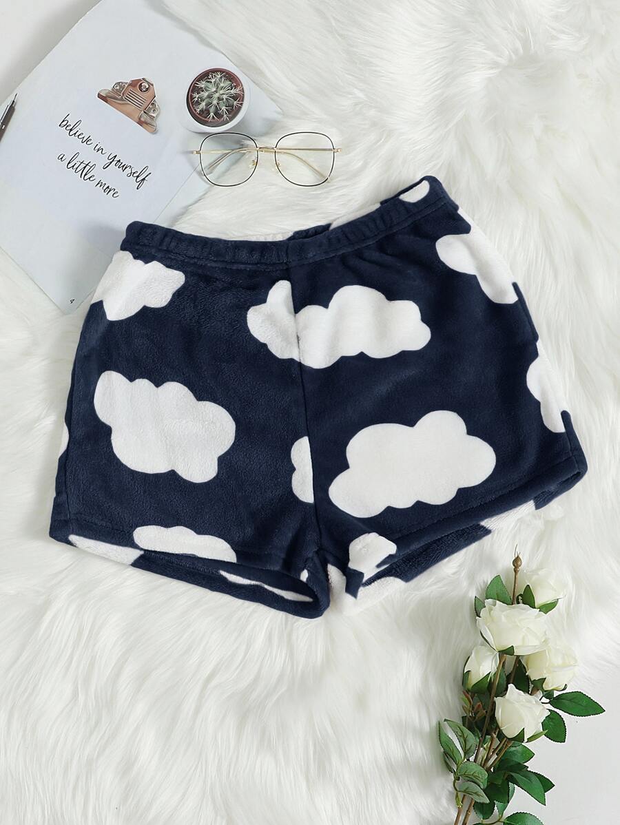 Cloud Print Flannel Fluffy Pajama Sleep Shorts, Fall Winter - Blue and White - View 1