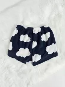 Cloud Print Flannel Fluffy Pajama Sleep Shorts, Fall Winter - Blue and White - View 2