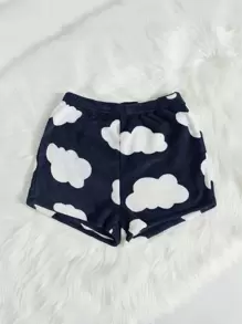 Cloud Print Flannel Fluffy Pajama Sleep Shorts, Fall Winter - Blue and White - View 3