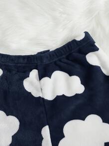Cloud Print Flannel Fluffy Pajama Sleep Shorts, Fall Winter - Blue and White - View 5
