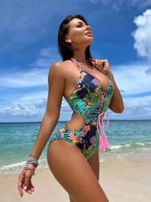 Swim Vcay 印花前繫帶連體泳衣 - 彩色 - 查看 3