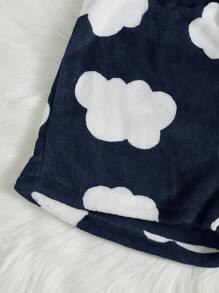 Cloud Print Flannel Fluffy Pajama Sleep Shorts, Fall Winter - Blue and White - View 4