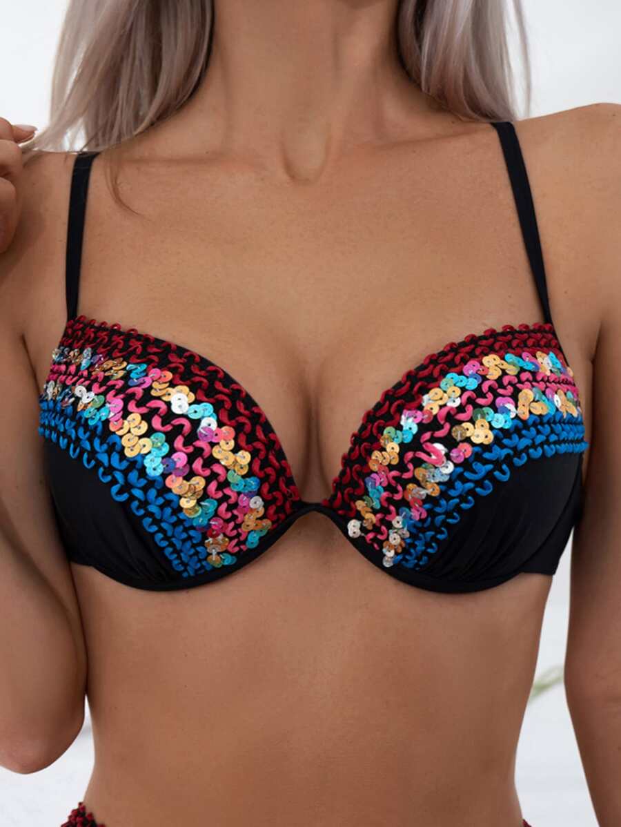 SHEIN Swim 亮片裝飾提臀比基尼泳裝上衣 - 彩色 - 查看 1