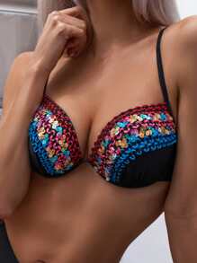 SHEIN Swim 亮片裝飾提臀比基尼泳裝上衣 - 彩色 - 查看 8