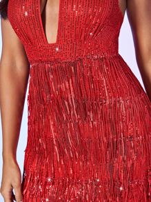 SHEIN BAE Cut Out Front Fringe Trim Backless Sequin Halter Dress - Red - View 6