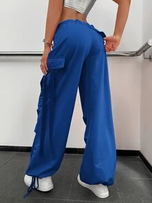 Y2K街头风纯色抽绳腰带翻盖口袋装饰宽松休闲阔腿降落伞工装裤