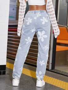 90年代印花腰部抽繩牛仔褲 - 淺色水洗藍 - 查看 2