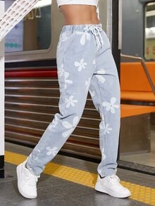 90年代印花腰部抽繩牛仔褲 - 淺色水洗藍 - 查看 5