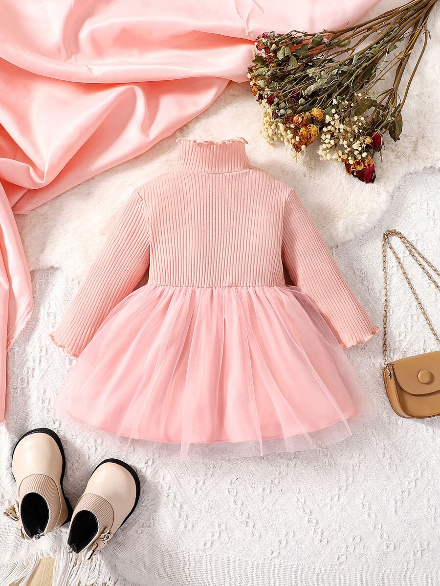 Baby Mock Neck Lettuce Trim Mesh Hem Dress - Pink - View 1