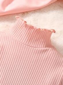 Baby Mock Neck Lettuce Trim Mesh Hem Dress - Pink - View 3