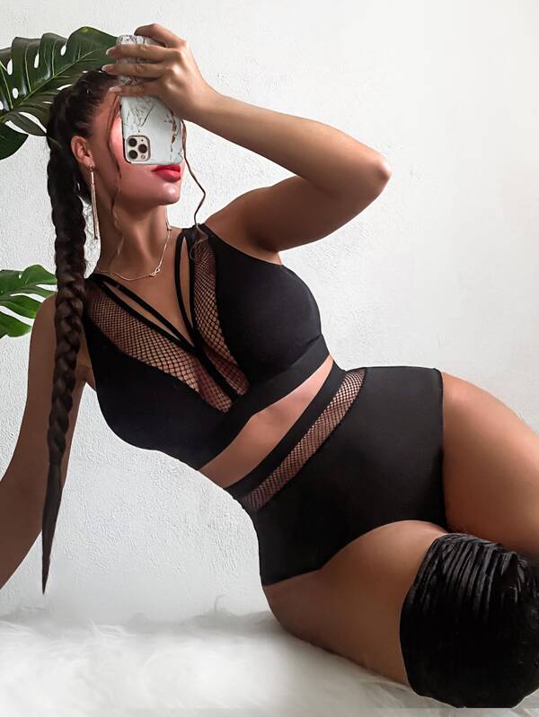 Contrast Mesh Lingerie Set