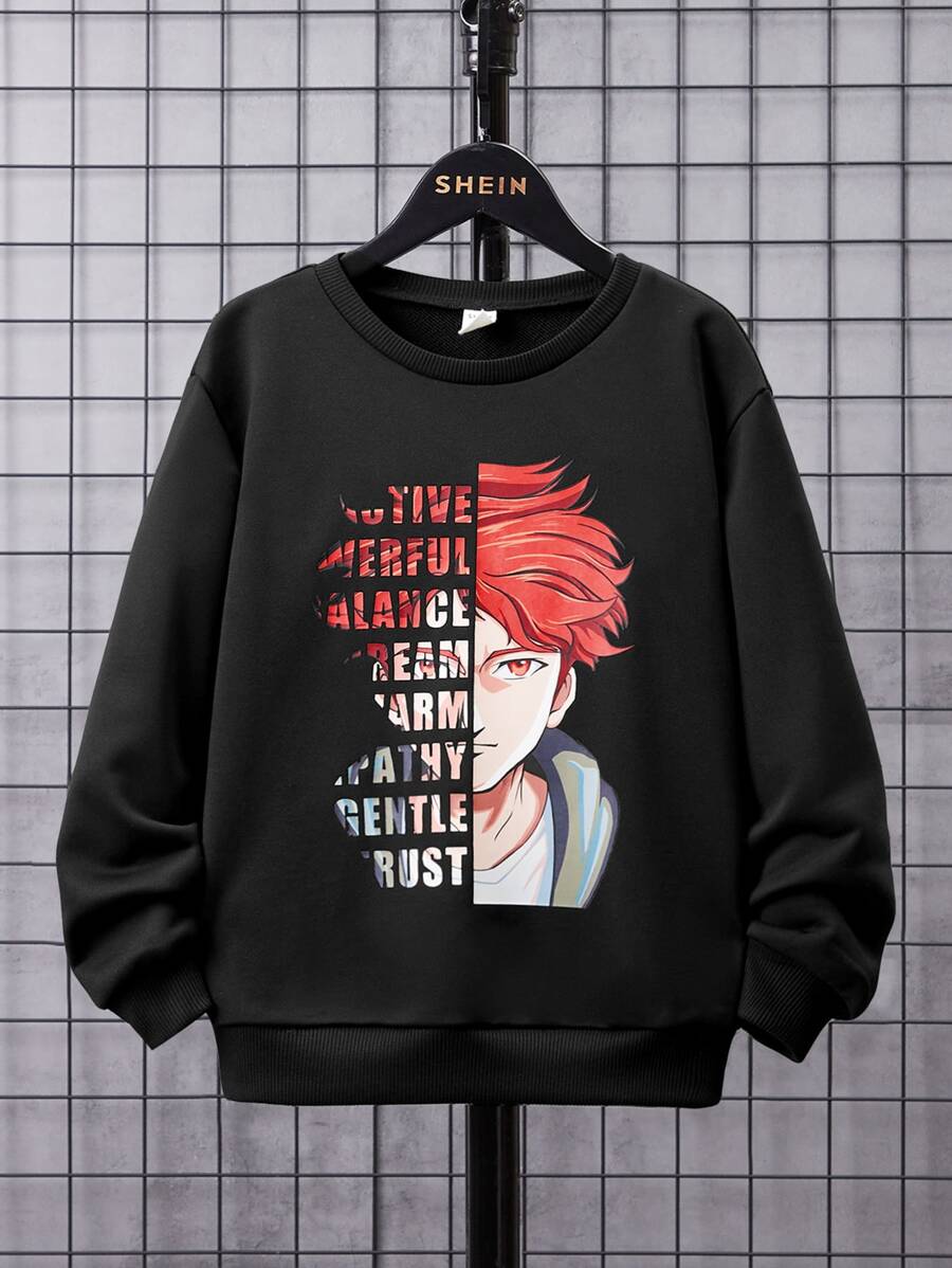 SHEIN Boys Slogan & Figure Graphic Drop Shoulder Sweatshirt - Black - View 1