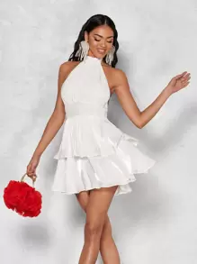 SHEIN BAE Solid Tie Backless Layered Ruffle Hem Halter Dress - White - View 2