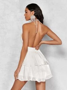 SHEIN BAE Solid Tie Backless Layered Ruffle Hem Halter Dress - White - View 3