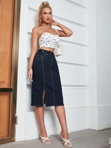 高腰頂針下擺開叉牛仔半身裙 - 深色水洗藍 - 查看 4