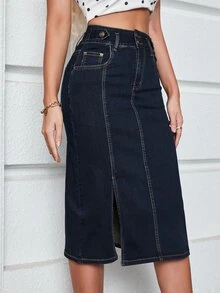 高腰頂針下擺開叉牛仔半身裙 - 深色水洗藍 - 查看 6