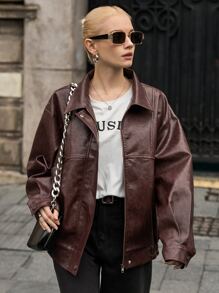 SHEIN Drop Shoulder PU Leather Zip Up Jacket - Chocolate Brown - View 4