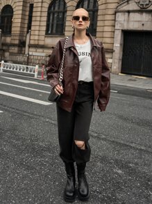 SHEIN Drop Shoulder PU Leather Zip Up Jacket - Chocolate Brown - View 7