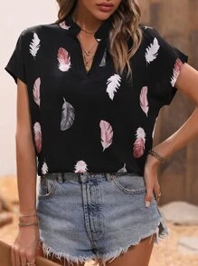 SHEIN LUNE Feather Print Notched Neck Batwing Sleeve Blouse - Black - View 1