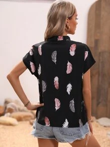 SHEIN LUNE Feather Print Notched Neck Batwing Sleeve Blouse - Black - View 2