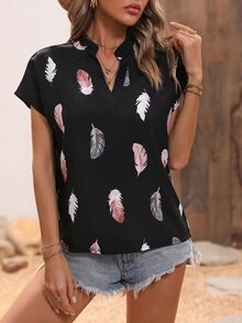 SHEIN LUNE Feather Print Notched Neck Batwing Sleeve Blouse - Black - View 5