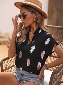 SHEIN LUNE Feather Print Notched Neck Batwing Sleeve Blouse - Black - View 6
