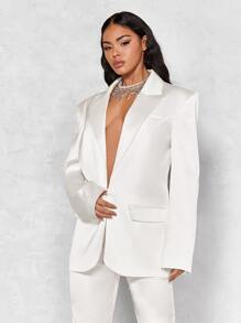 SHEIN BAE Lapel Neck Flap Detail Satin Blazer - White - View 1