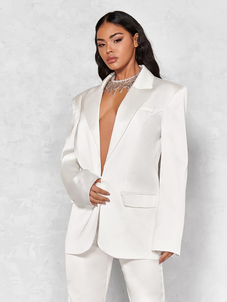 SHEIN BAE Lapel Neck Flap Detail Satin Blazer - White - View 1