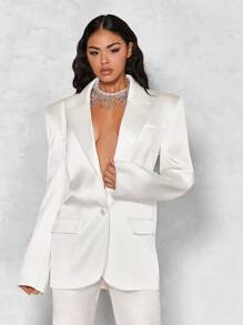 SHEIN BAE Lapel Neck Flap Detail Satin Blazer - White - View 3