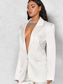 SHEIN BAE Lapel Neck Flap Detail Satin Blazer - White - View 4