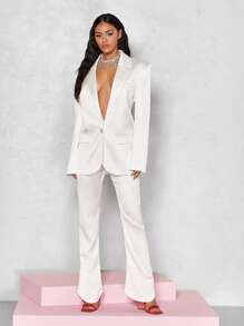SHEIN BAE Lapel Neck Flap Detail Satin Blazer - White - View 5
